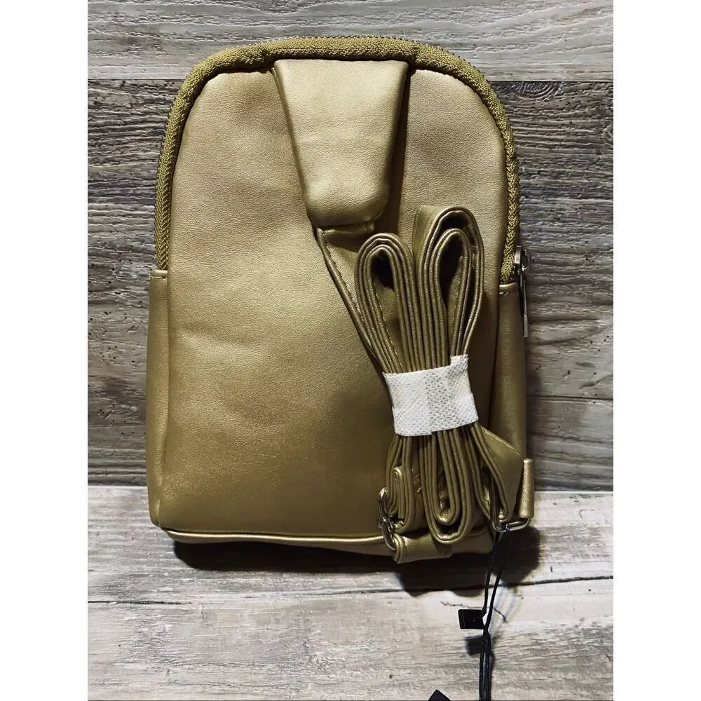 London Fog Gold Janice Sling Bag Mini Double Zip Backpack